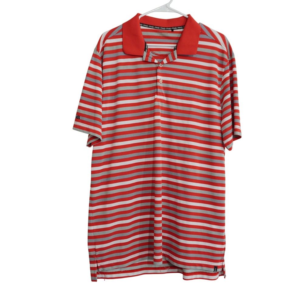 Ping Men's XL Golf Polo Shirt Red White Grey Striped Short Sleeve Pique Casual